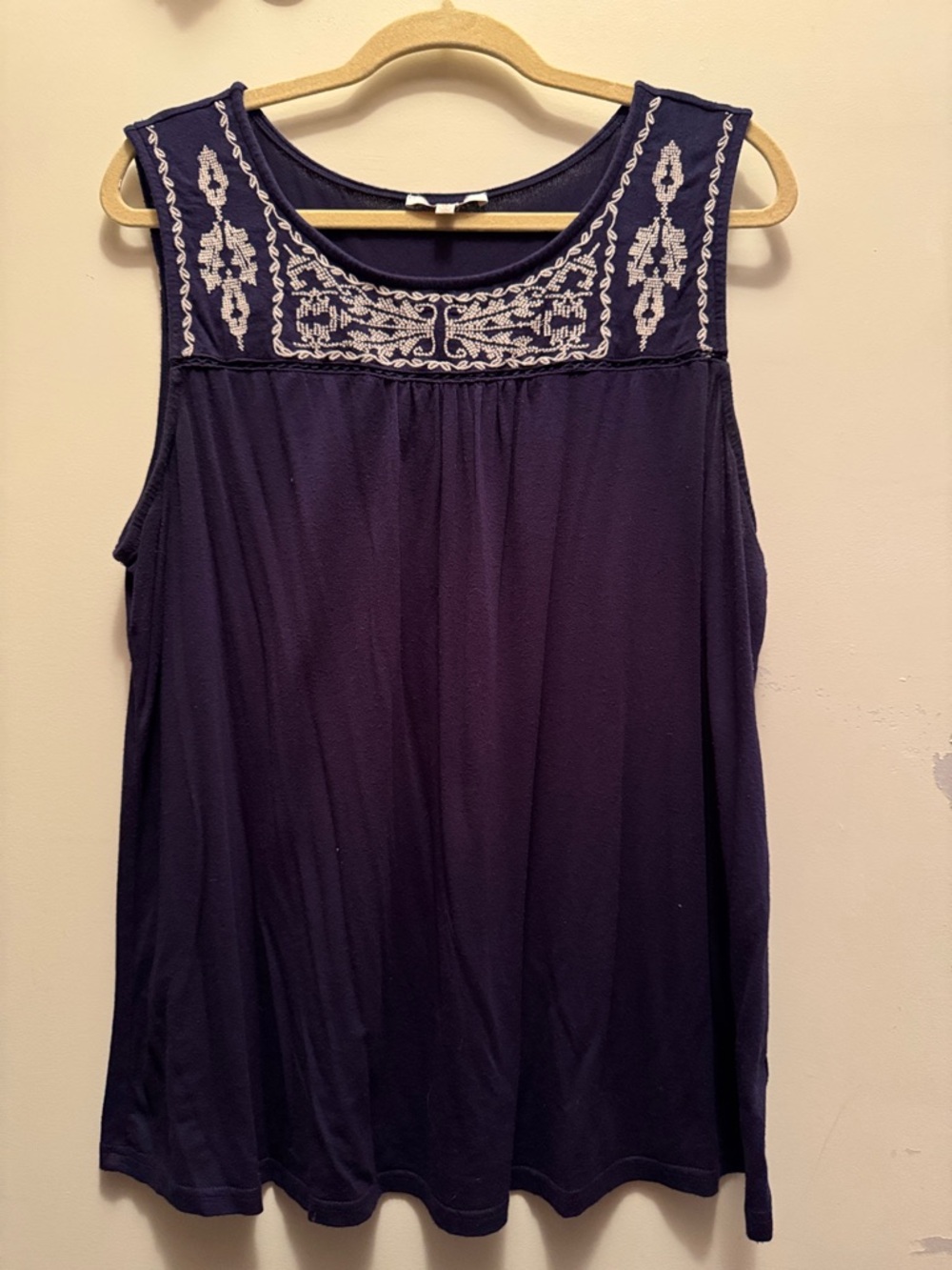 Skies Are Blue Navy Tank with White Embroidered Yoke
